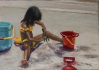 Beach Day - Oil On Board Paintings - By Andres Ortega, Realistic Painting Artist