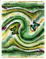 Abstract - Green And Yellow Waves With Butterflies - Mixed Media