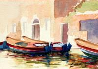 Three Boats On Canal Venice Italy - Watercolor Paintings - By Dave Barazsu, Impressionism Painting Artist